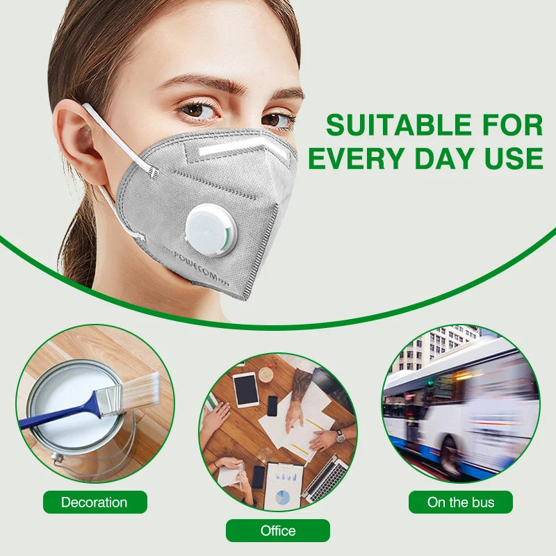 POWECOM KN95 Mask with Activated Carbon and Breathing Valve - 6 Layers Protection, Anti-dust, Reusable (10/20/30/60 Pcs)